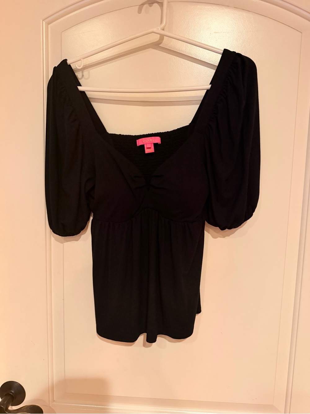 Lilly Pulitzer Black Puff Sleeve Square-Neck Top Small EUC